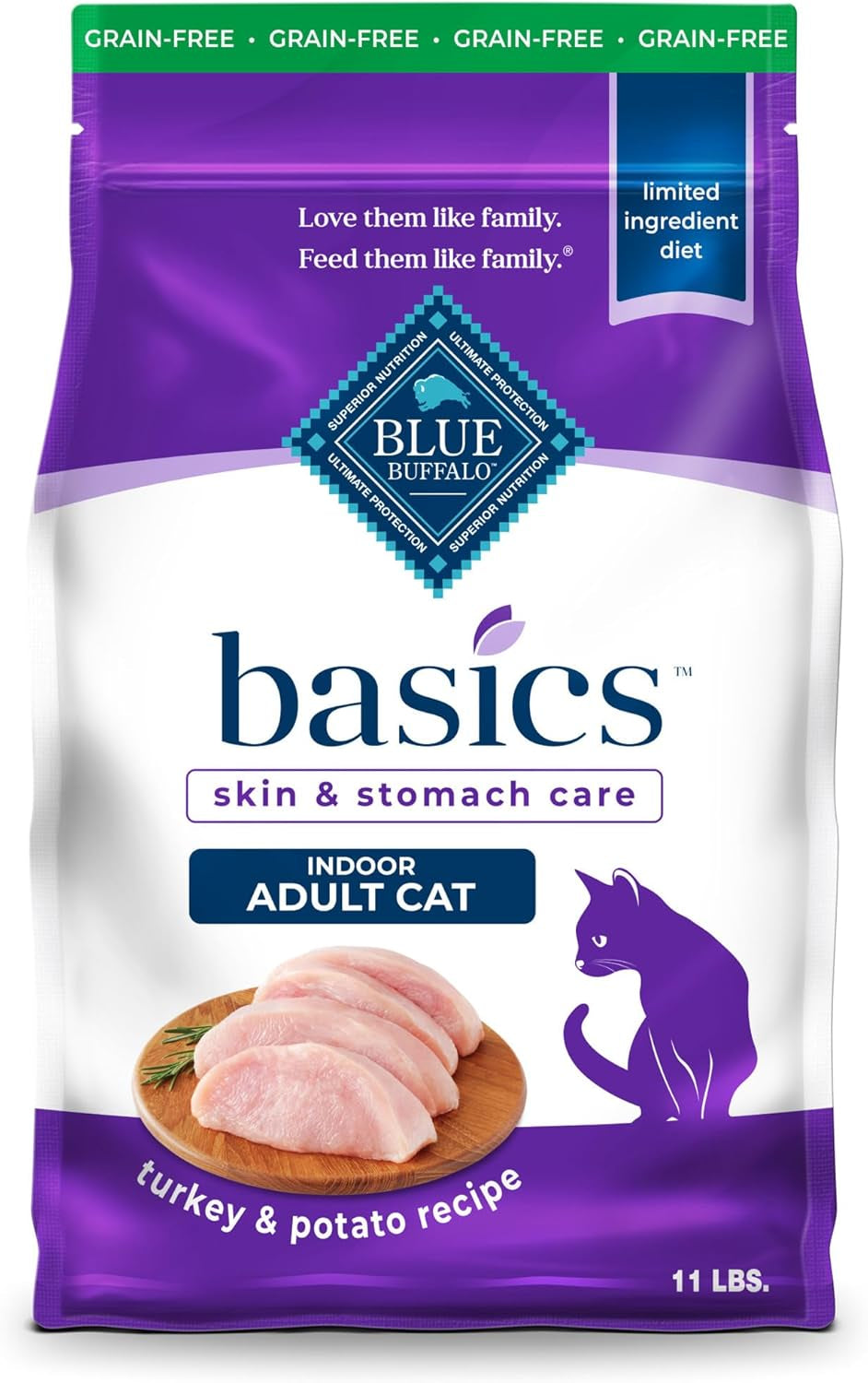 Basics Grain-Free Dry Cat Food, Skin & Stomach Care, Limited Ingredient Diet for Indoor Cats, Turkey & Potato Recipe, 11-Lb. Bag